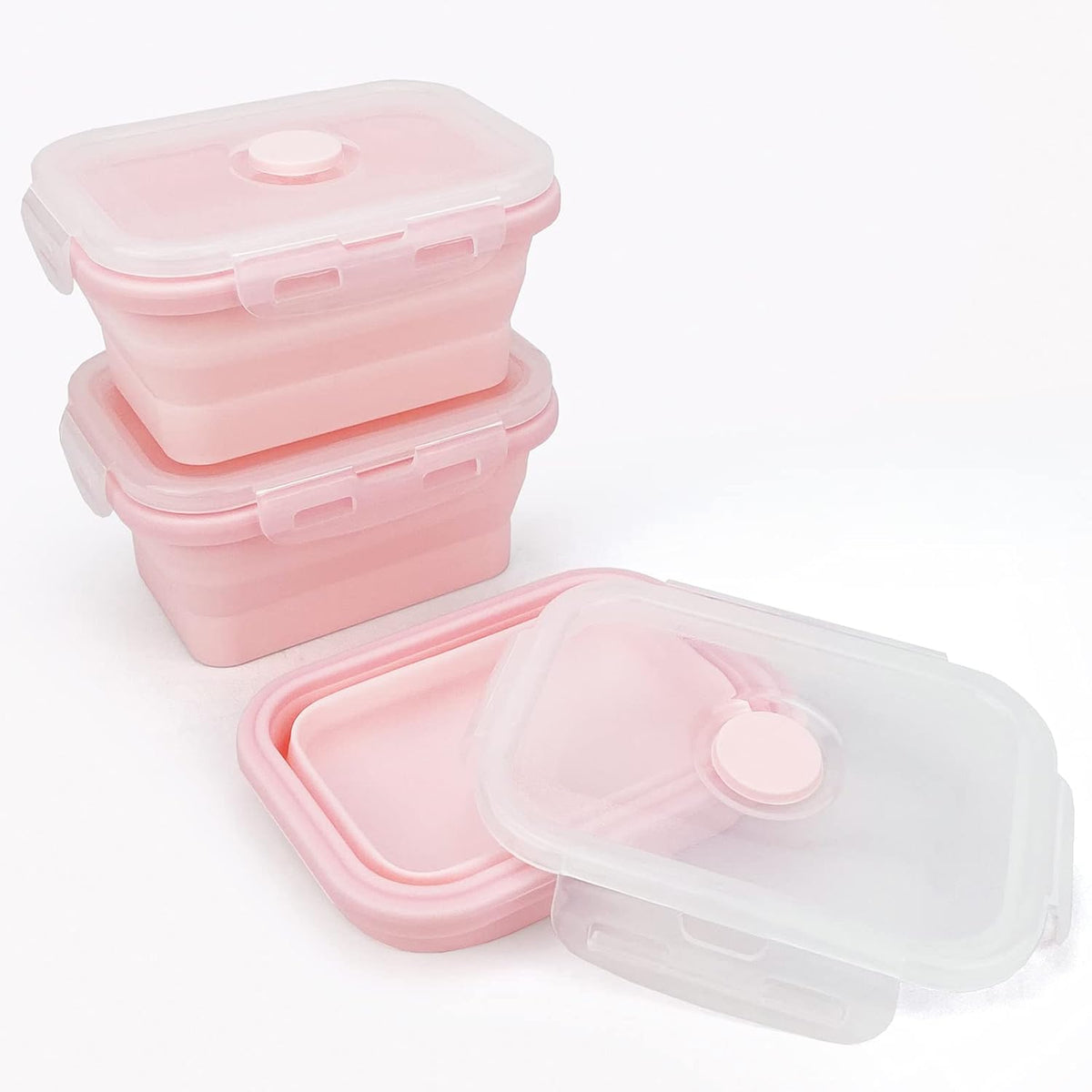 CCyanzi 3piece Collapsible Food Storage Containers with Lids, Silicone Lunch Container, Microwave & Freezer Safe, Space Saving for Kitchen Cabinet and Camping Backpack,(pink)