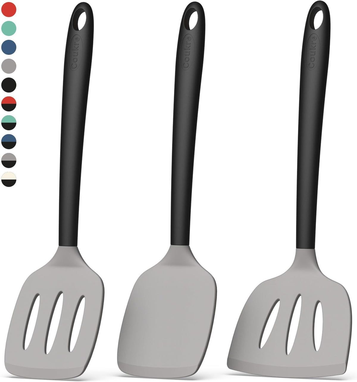 Coukre Silicone Spatula Set of 3, High Heat Resistant, BPA-Free, Kitchen Utensils, Fish Spatula, Solid & Slotted Turner for Non-Stick Pans, Flipping Eggs, Pancakes, Fish, Burgers (3, Gray)
