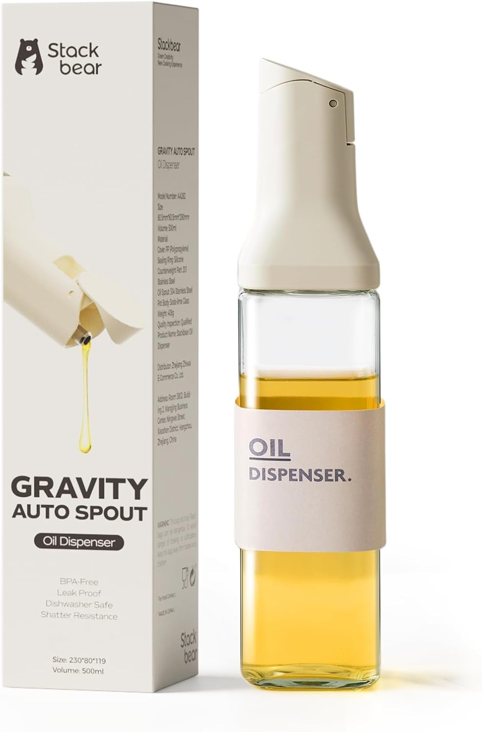 Olive Oil Dispenser for Cooking - 16oz Leakproof Glass Oil Dispenser Bottle with Gravity Spout, Air Fryer, BBQ, Healthy Salad & Non-Stick Pans, BPA-Free, Easy to Refill and Use, Light Grey