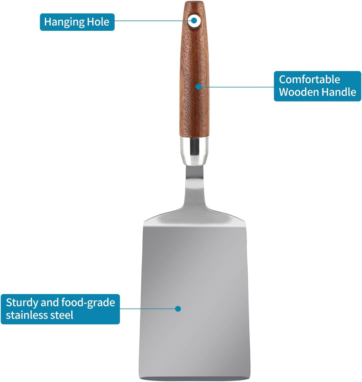 Stainless Steel Spatula with Wooden Handle, Nonstick Pancake Turner, Fried Egg Flipper for Cooking, Frying, Grilling, Baking, BBQ