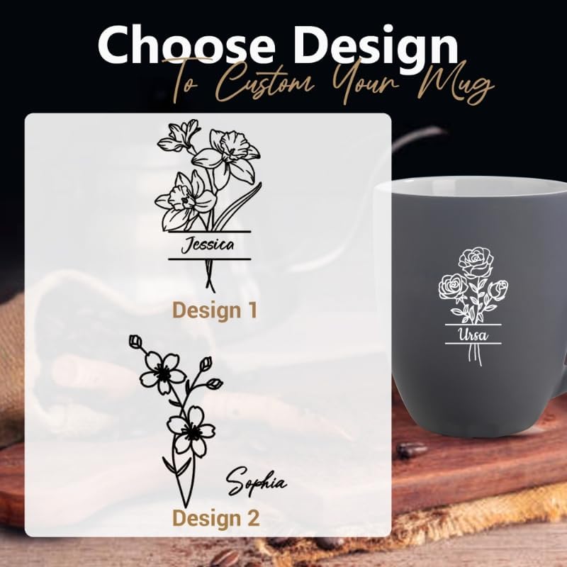 Personalized Coffee Mug, 16oz Engraved Ceramic Birth Flower Mug for Women With Custom Name & Text, Personalized Gifts for Birthday, Valentine, Christmas, Grandma, Wife, Mom, Friends