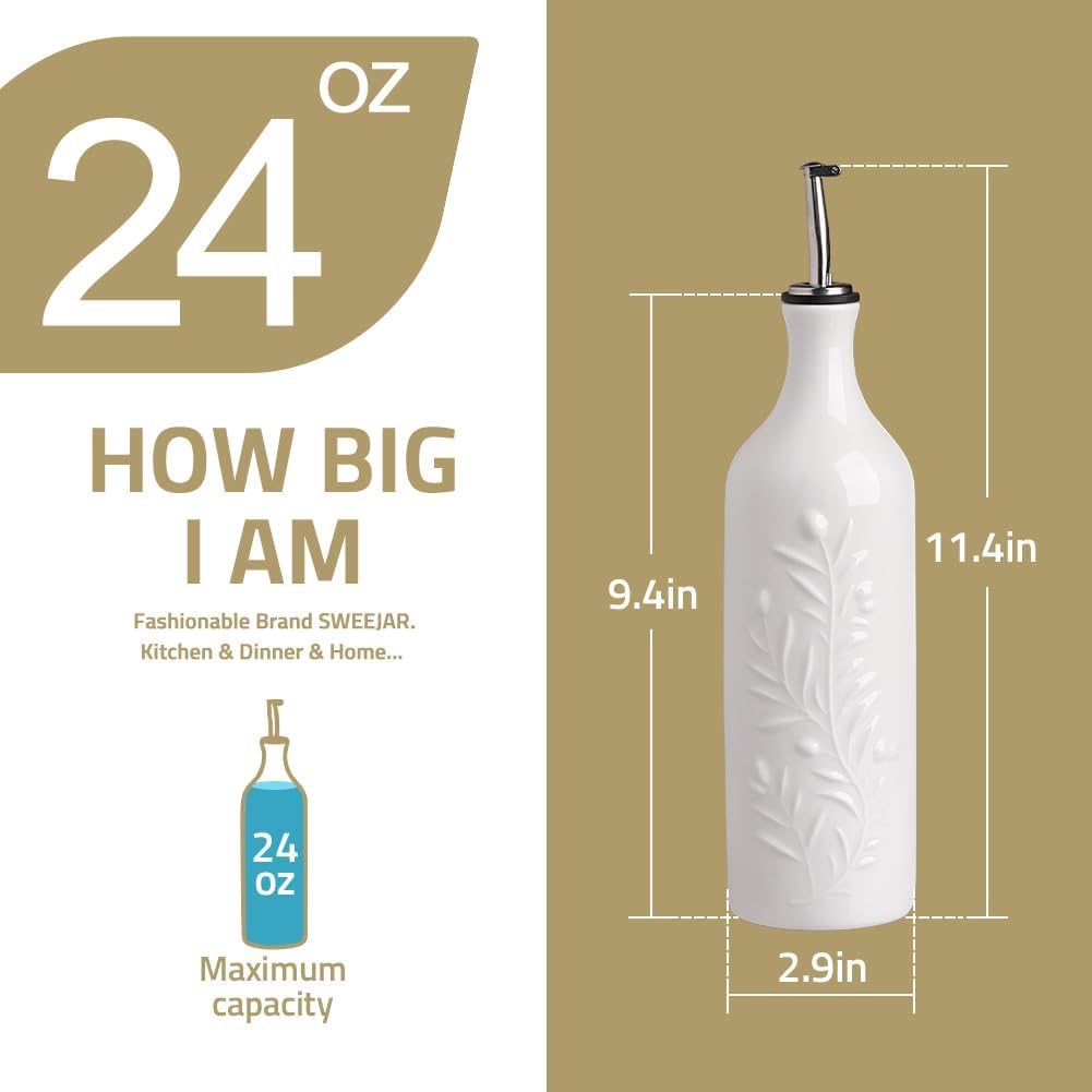 Sweejar Large Olive Oil Dispenser Bottle with Spout, 24 Oz Ceramic Oil Dispenser for Kitchen, Relief Opaque Oil Cruet, Oil Container for Cooking, EVOO, Avocado Oil, Vinegar, Pack of 1(Fog Blue)