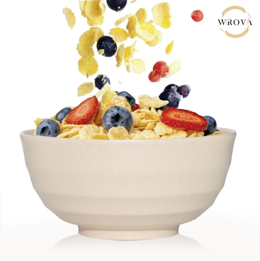 Wheat Straw Bowls Set 60 OZ, Unbreakable Large Beige Bowls Set of 6, Microwave & Dishwasher Safe Big Cereal Bowl for Picnic and Party BPA Free Salad Bowl for Serving Oatmeal and Popcorn (Beige)