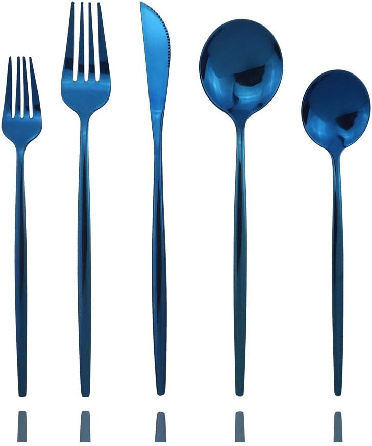 JASHII Shiny Blue Silverware Set, 30-Piece Stainless Steel Satin Finish Flatware, Kitchen Utensils, Mirror Polished Tableware Cutlery for Home and Restaurant, Dishwasher Safe