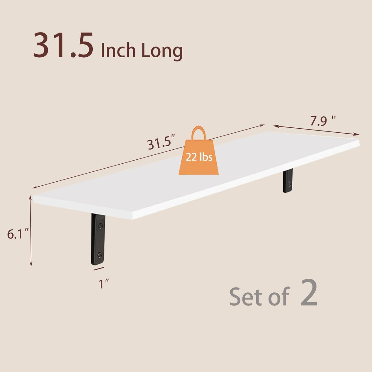DINZI LVJ Long Wall Shelves, 31.5 x 7.9 x 6.1 Inches, Set of 2 White Floating Shelves, Easy-to-Install, Large Storage Ledges with Sturdy Metal Brackets for Living Room, Bathroom, Bedroom, Kitchen