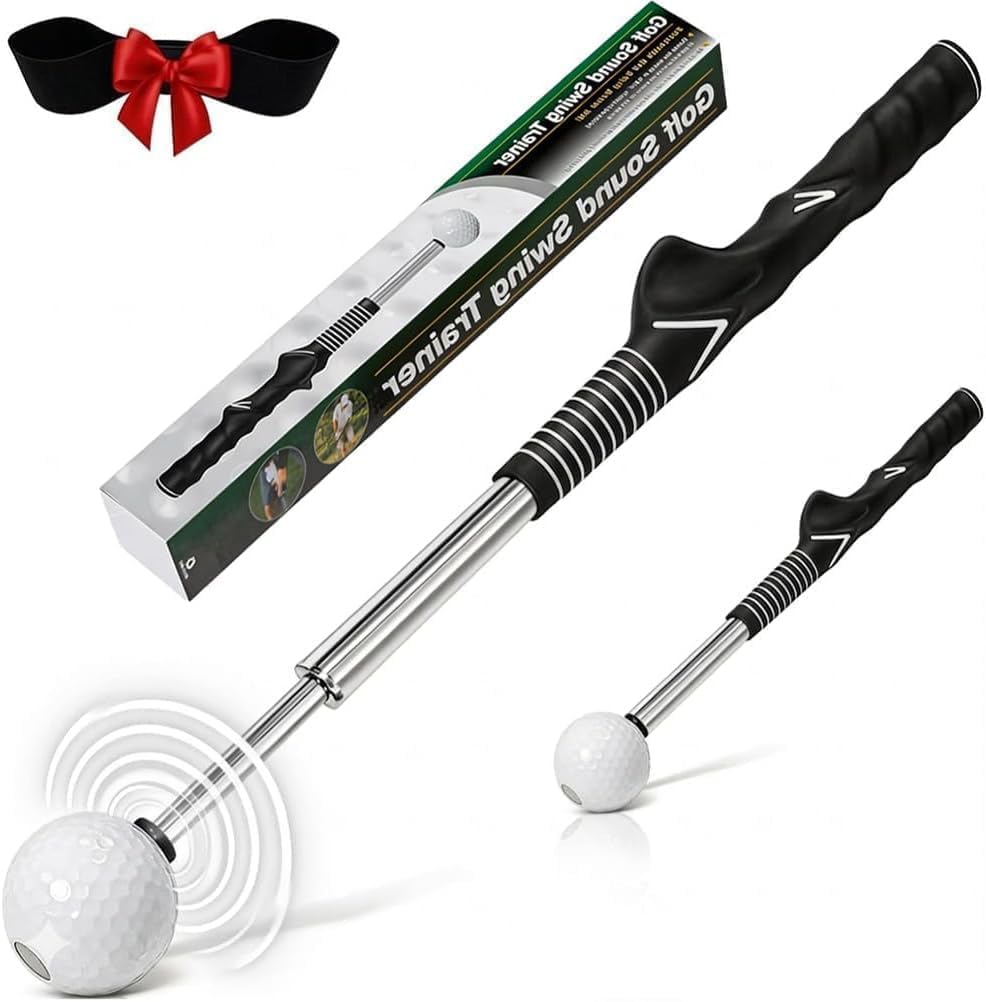 Retractable Golf Swing Trainer with Right-Handed Golf Grip Trainer and Arm Band, Click Feedback Training Aid for Grip Correction, Tempo, Rhythm, Release Timing