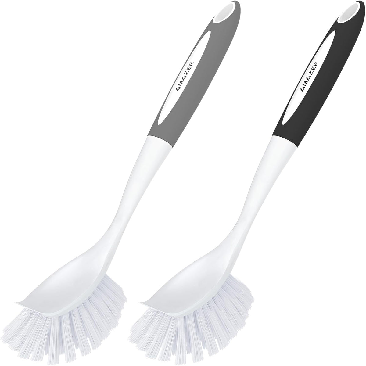 Amazer Dish Brush, 2 Pack Dish Scrubber with Handle, Kitchen Dishes Brushes, Scrub Brush with Stiff Bristles for Cleaning, Sink, Pots, Pans