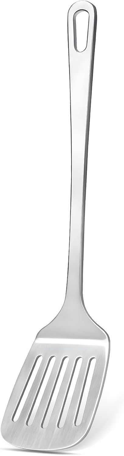 Stainless Steel Spatula, Metal Spatula Slotted Turner, Heavy Duty Sturdy Spatulas for Kitchen Use, High Heat Resistant Cooking Utensils for Fish Eggs Pancakes, Dishwasher Safe, Easy to Clean, Silver