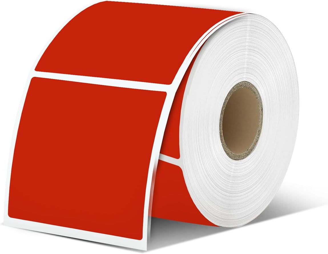 iEager Red Square Thermal Label Stickers, 2"x2" Self-Adhesive Square Direct Thermal Labels with Perforation Line, 500 Sheets/Roll