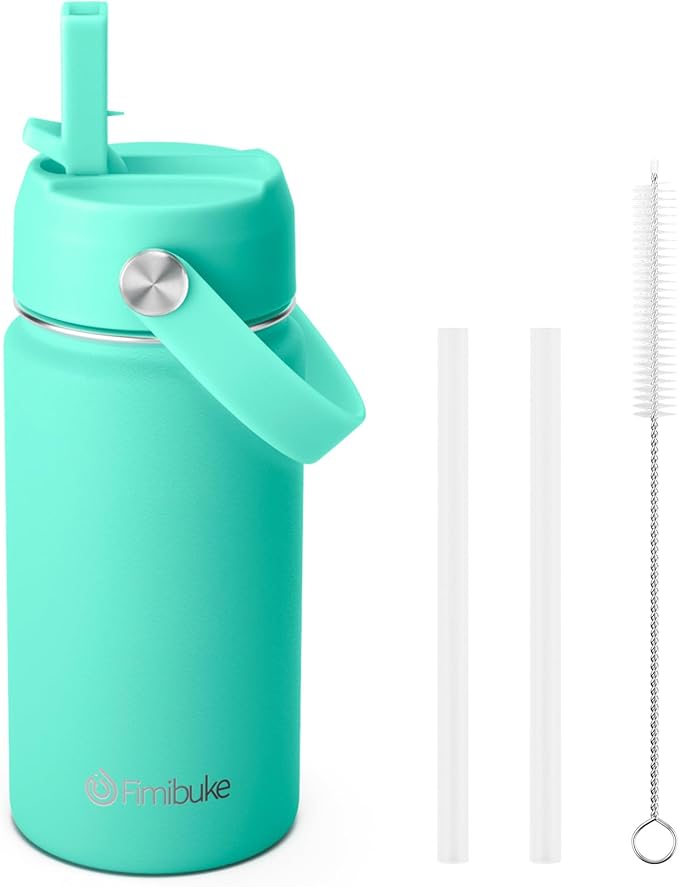 Fimibuke Kids Insulated Water Bottle, 14oz BPA FREE 18/8 Stainless Steel Travel Tumbler Double Wall Vacuum Leak Proof Kids Cup with Straw Metal Water Bottle for School Boys Girls(1 Pack, Turquoise)