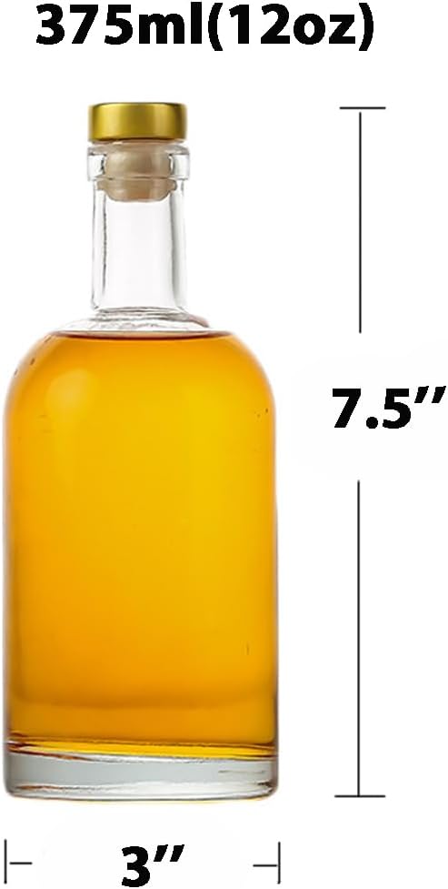 Clear Glass Bottles 12 oz - 375ml [Pack of 12] for Wine Beverages Drinks Oil Vinegar Kombucha Beer Water Soda with Cork Stopper Airtight Lid