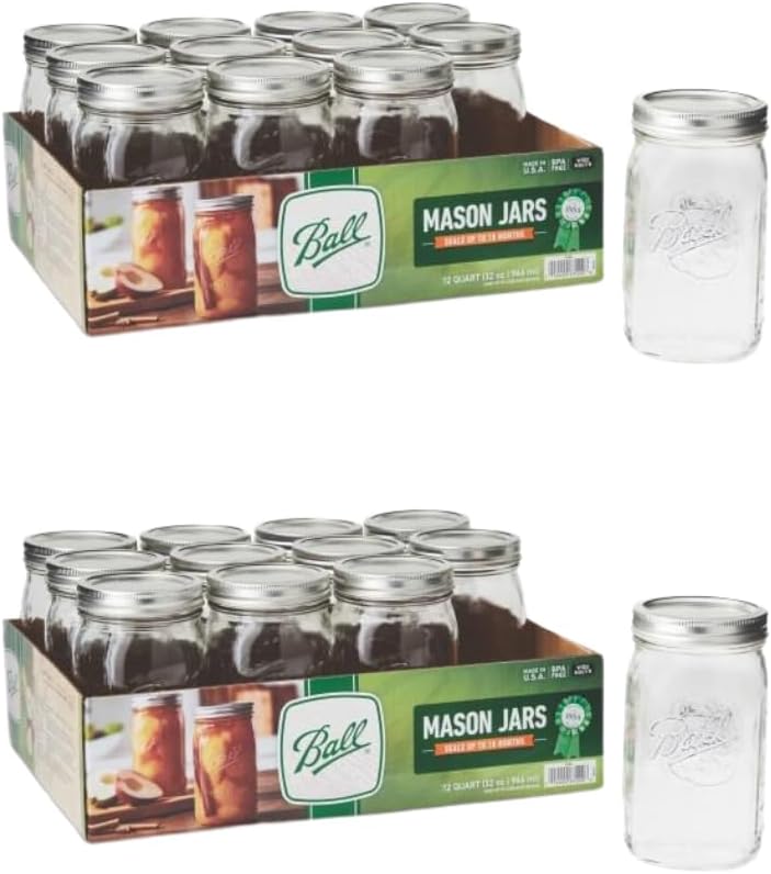 Ball Wide Mouth Glass Mason Jars with Lids and Bands, Used for Canning, Pickling, Juice, Jam, Jelly, Quart Size 32 Ounce (Pack of 24)