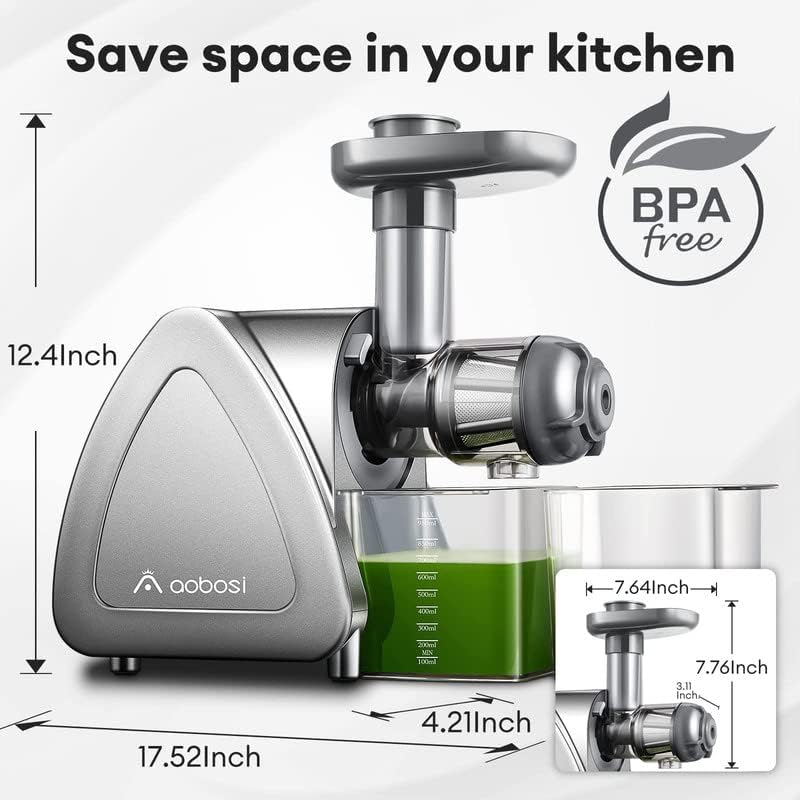 Juicer Machine, Aobosi Slow Masticating Juicers, Cold Press Juicer Machines with Reverse Function, Quiet Motor, High Juice Yield with Juice Jug & Brush for Cleaning (Gray)