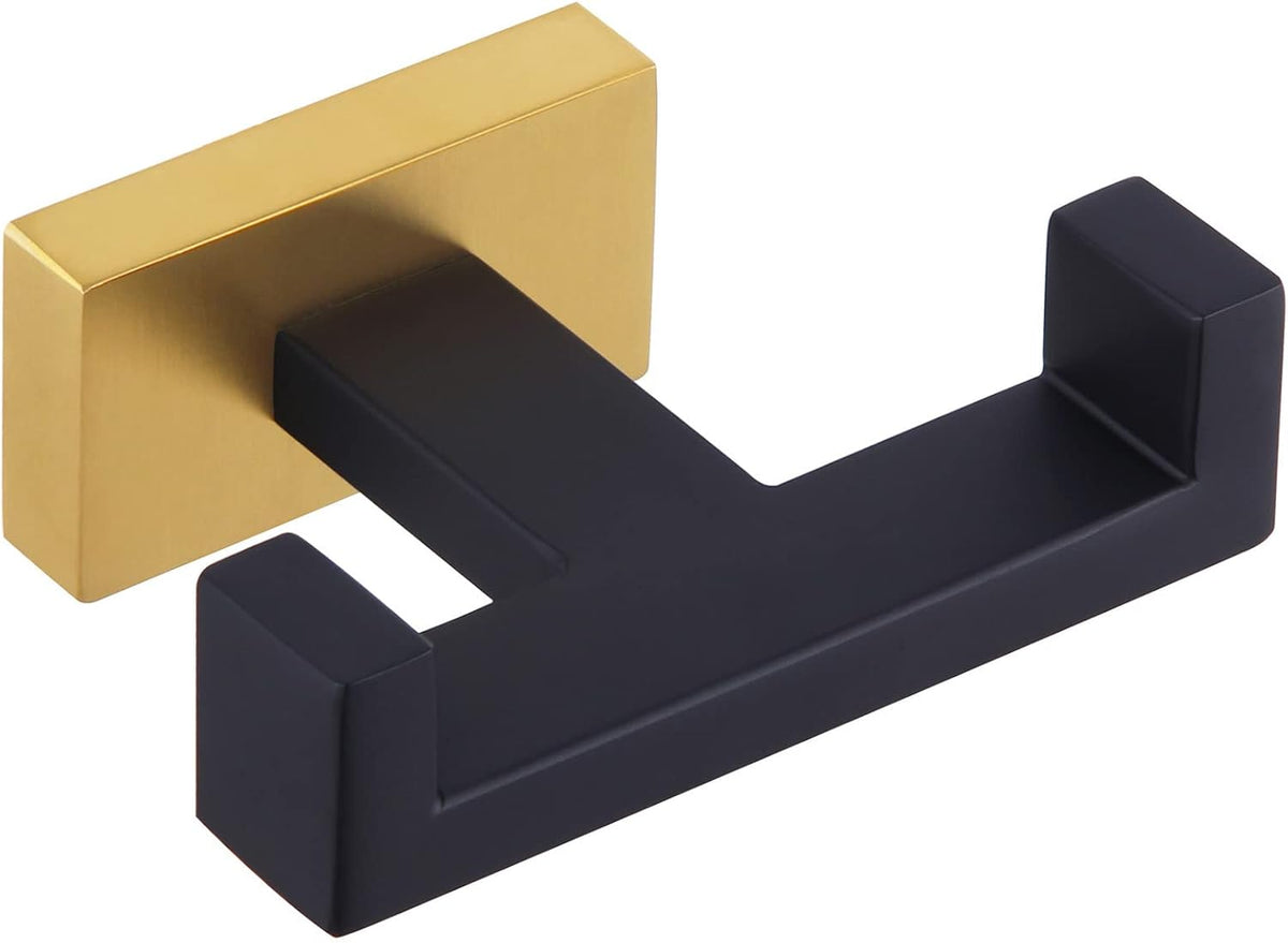 Angle Simple Double Towel Hook Black & Gold, Stainless Steel Bathroom Towel Holder, Coat Robe Hook Wall Mount