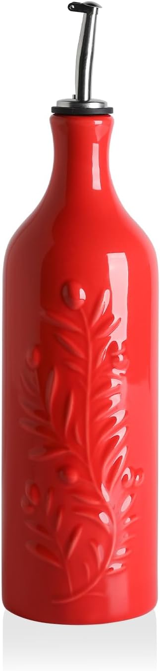 Sweejar Large Olive Oil Dispenser Bottle with Spout, 24 Oz Ceramic Oil Dispenser for Kitchen, Relief Opaque Cruet, Container for Cooking, EVOO, Vinegar, Pack of 1 (Red)