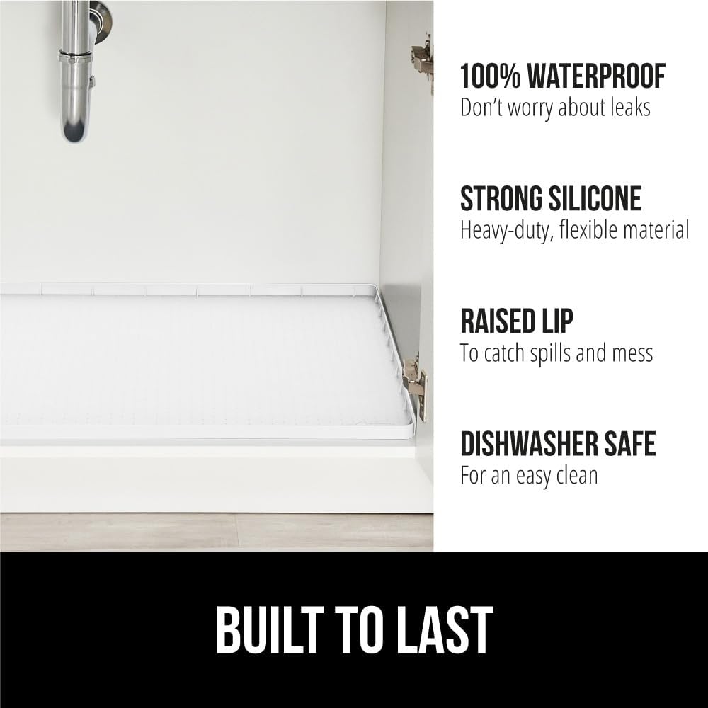 GORILLA GRIP Waterproof Silicone Under Sink Mat with Raised Lip for Kitchen and Bathroom, 46 x 22 in, Cabinet Shelf Liner Stay in Place Mats Dishwasher Safe Drawer Liner, Organizer Tray, White