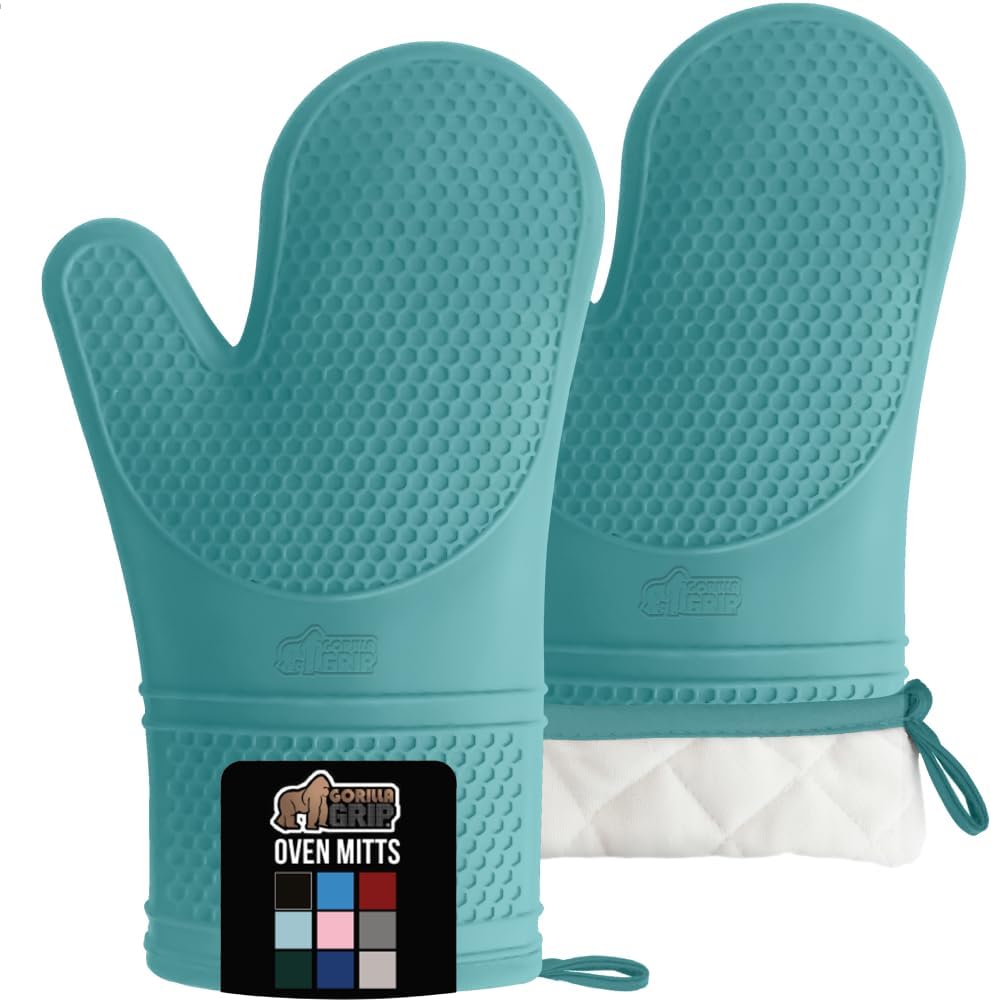 GORILLA GRIP BPA-Free Soft Silicone Oven Mitts, Heat Resistant and Waterproof Cooking Gloves, Thick Cotton Lining, Flexible Gripping for Baking Grilling, Kitchen Potholders Set, 12.5x8.3, Turquoise