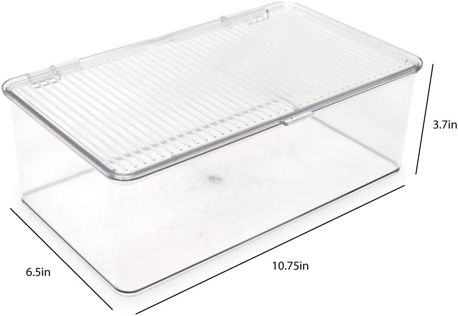 Isaac Jacobs Medium Stackable Organizer Bin (10.75”x6.5”x3.7”) w/ Hinged Lid, Clear Storage Box, Home, Office, School, Fridge, Bathroom, Kitchen, Pantry Container, BPA-Free, Food Safe (Medium, Clear)