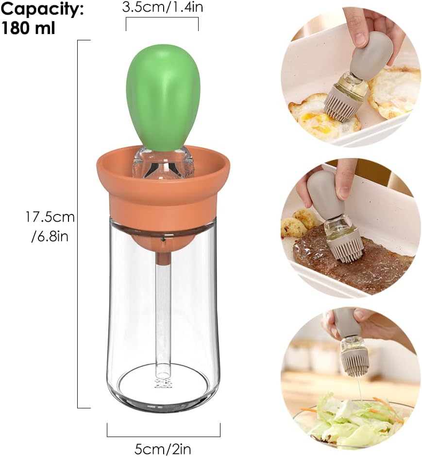 Oil Dispenser with Brush - 2 Pack Olive Oil Dispenser, 2 IN 1 Oil Dispensing Bottle with Basting Brush for Cooking Frying Baking Kitchen, T-OB21 Grey+Green