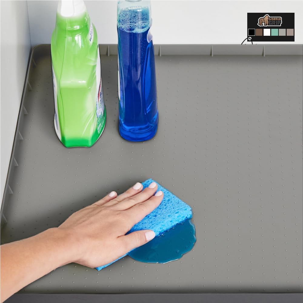 GORILLA GRIP Waterproof Silicone Under Sink Mat with Raised Lip for Kitchen and Bathroom, Cabinet Shelf Liner Stay in Place Mats Dishwasher Safe Drawer Liner, Organizer Tray, 19 x 34 in, Gray