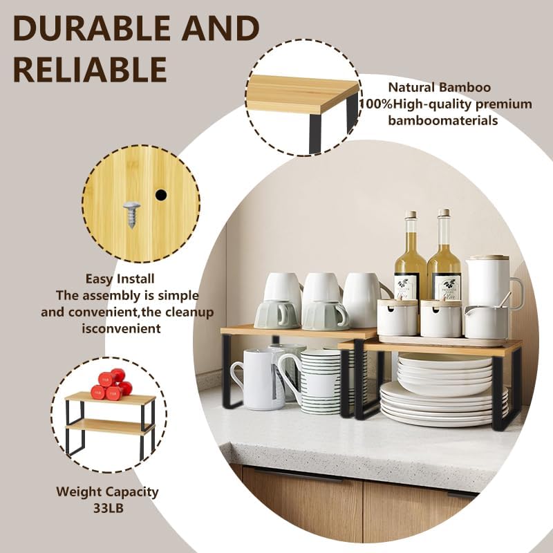 Cabinet Organizer Shelf, Set of 2 Stackable Counter Shelves, Wood and Metal Cabinet Storage Rack, Expandable Kitchen Spice Rack, Multi-Purpose Shelf for Pantry, Bathroom, or Tabletop