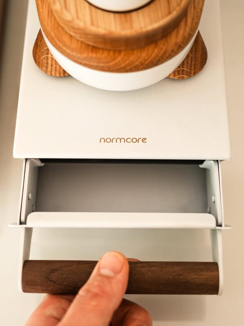 Normcore Espresso Knock Box, Coffee Knocker Drawer with Genuine American Walnut Handle, Under Grinder Knock-out Drawer, Removable Knock Bar and Non-Slip Base, 304 Stainless Steel, Size: S, White