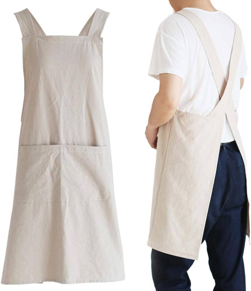 NEWGEM Japanese Linen Cross Back Cooking Aprons for Women Men with Pockets Cute for Baking Kitchen