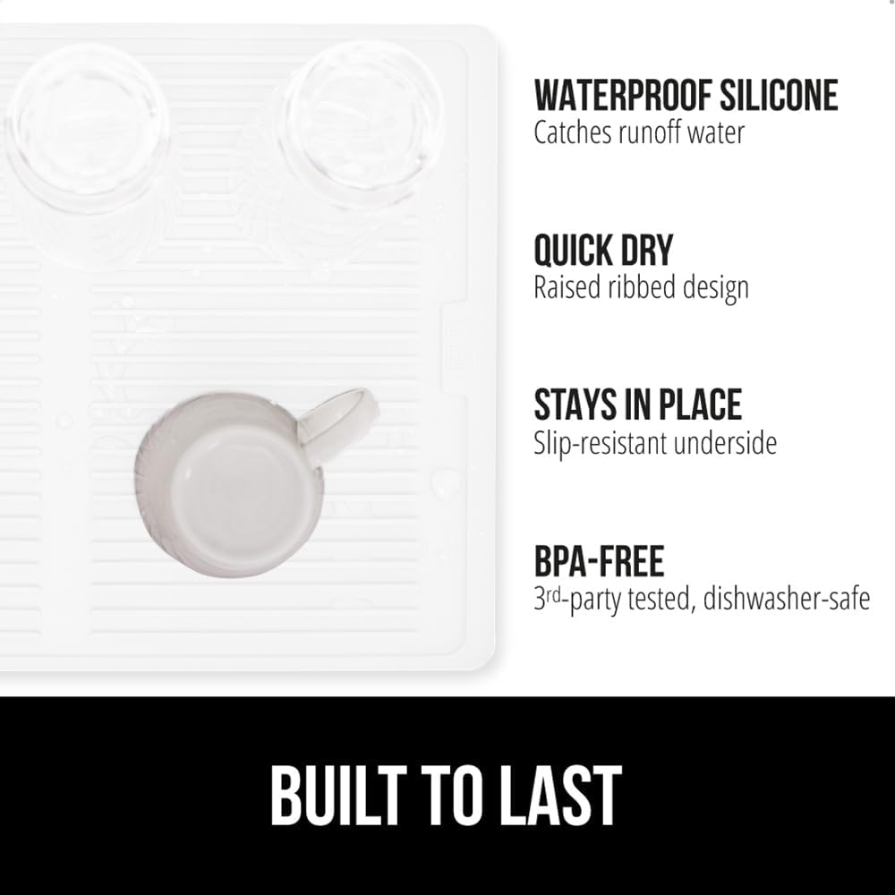 GORILLA GRIP 100% BPA-Free Patented Silicone Dish Drying Mat for Kitchen Counter, 18x16 Inch, Water Catching Ribbed Design, Easy Clean Waterproof Sink Liner, Heat Resistant, Fits Under Rack, White