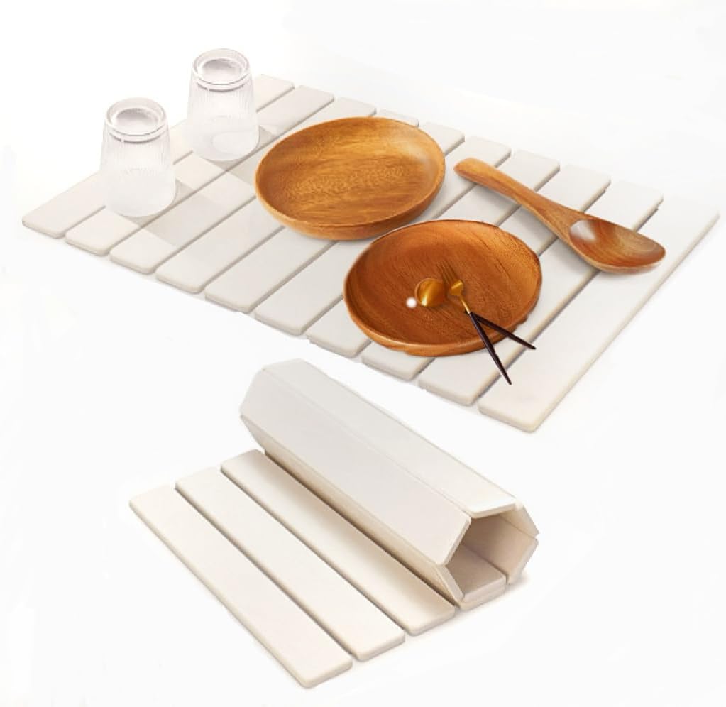 Large Stone Dish Drying Mat for Kitchen Counter, 24" x 16" Stone Drying Mat Foldable Quick Dry Absorbent Diatomaceous Earth Bath Mat Countertop Fast Dry Pad for Kitchen Dishes Bottles Cups Bathroom