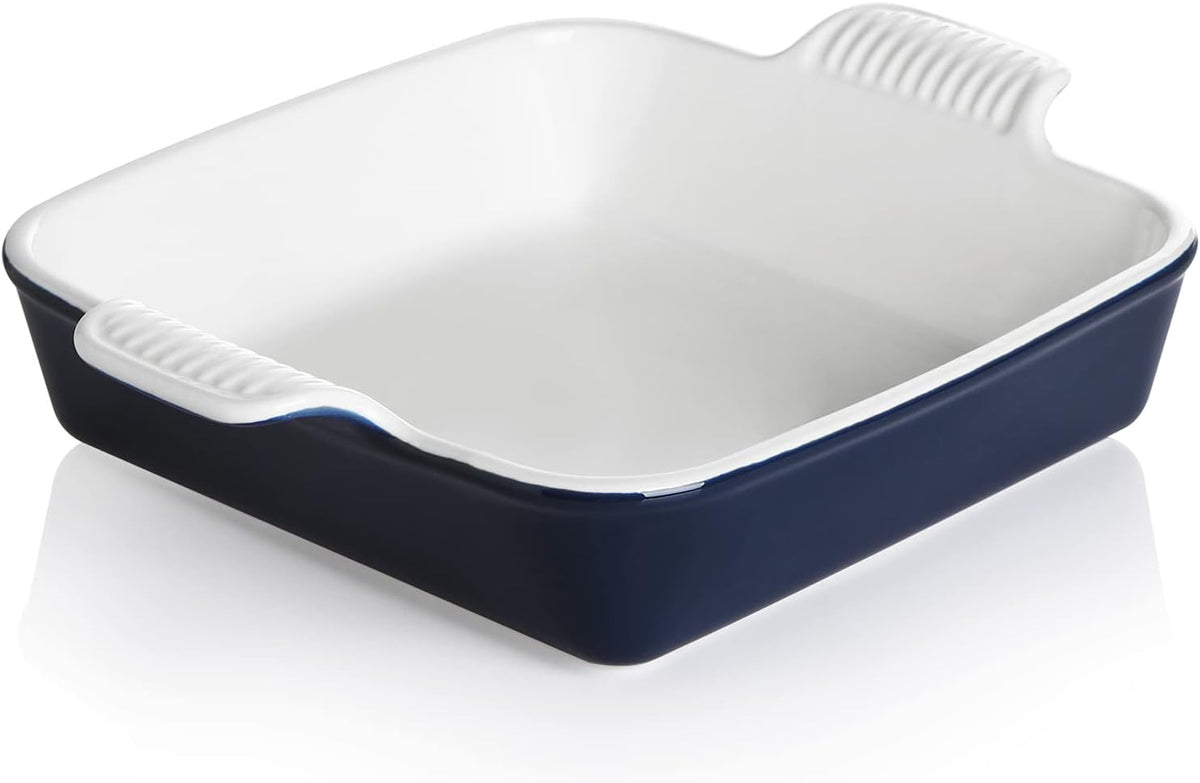 Sweejar Ceramic Baking Dish, 9 x 9 Cake Baking Pan for Brownie, Porcelain Square Bakeware with Double Handle for Casserole, Lasagna, Family Dinner (Navy)