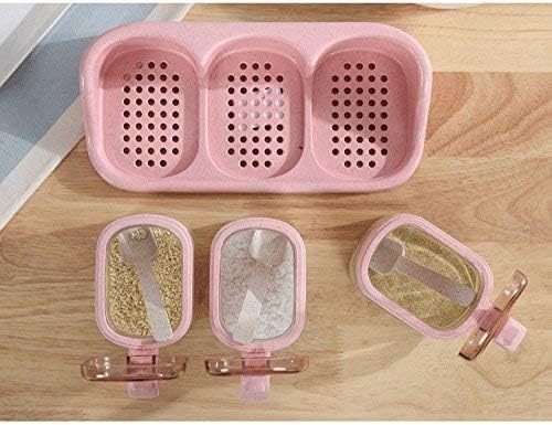 OUTOS Glass Transparent Spice Jar Seasoning Box Set Kitchen Container Tools Condiment Jars Cruet with Cover and Spoon Kitchen Utensils Supplies Salt Cellar with Lid (Pink, 3)(with base)