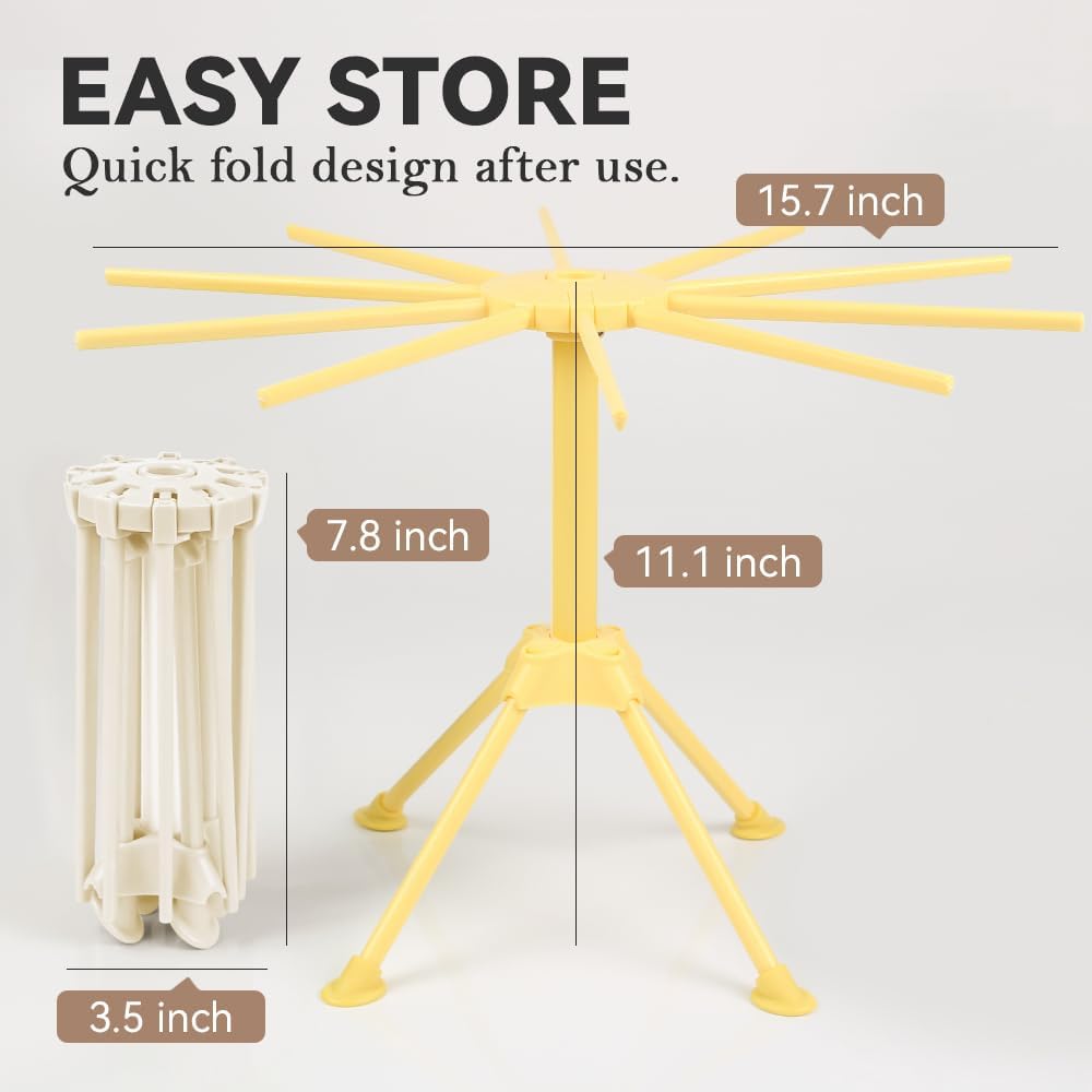 KEOUKE Collapsible Pasta Drying Rack - Foldable 10-Rod Pasta Dryer, Compact & Sturdy Design for Homemade Spaghetti Noodles, Easy Storage, Plastic