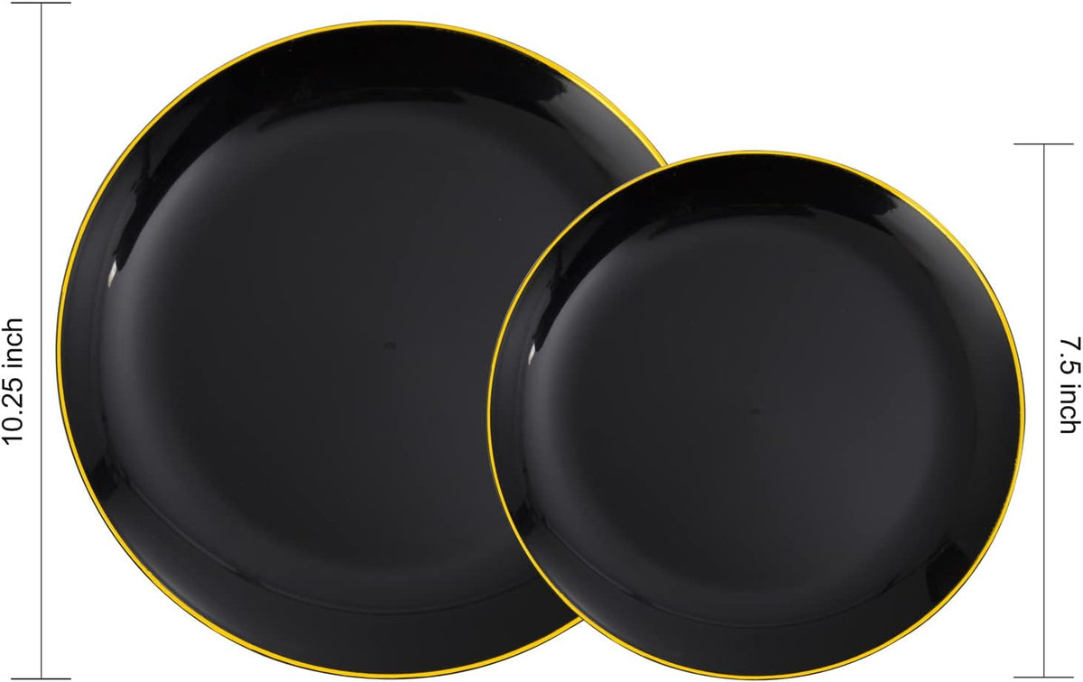 KIRE 60PCS Black Plastic Plates - Black Disposable Plates with Gold Rim for Party/Graduation - Include 30Pcs 10.25inch for Dinner and 30Pcs 7.5inch for Dessert