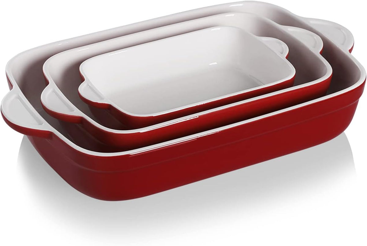 Sweejar Casserole Dishes for Oven, Ceramic Bakeware Set of 3, Lasagna Pan Deep with Handle, Rectangular Baking Pan Set, 9x13 Baking Dish for Cooking, Banquet and Daily Use (Red)