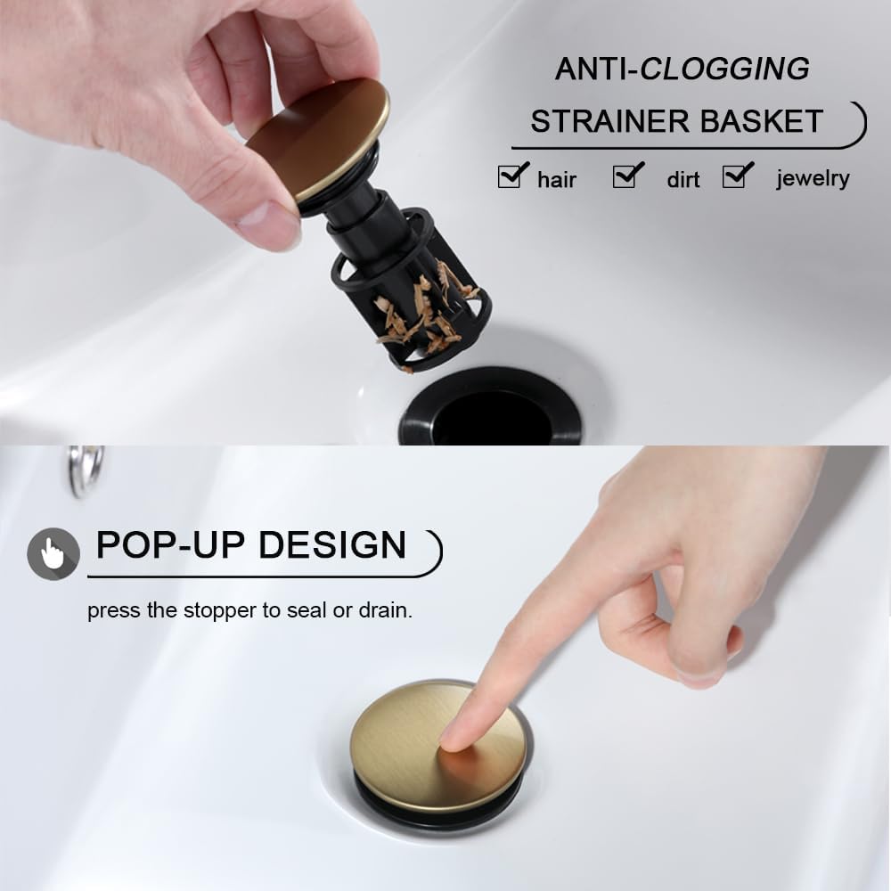 Bathroom Sink Drain, Pop Up Drain Stopper with Overflow, Lavatory Vanity Vessel Sink Drain Assembly, Brushed Gold