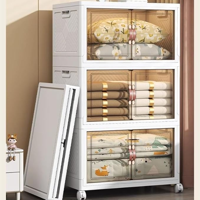 3-Tier Closet Organizer and Storage with 1 Lid, 58 Gal Stackable Storage Bins with Lids and Wheels, Folding Storage Boxes with Open Front Door for Closet and Office