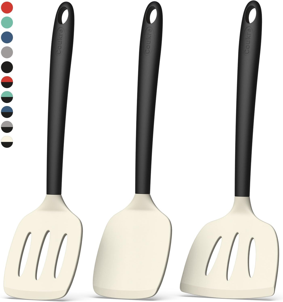 Coukre Silicone Spatula Set of 3, High Heat Resistant, BPA-Free, Kitchen Utensils, Fish Spatula, Solid & Slotted Turner for Non-Stick Pans, Flipping Eggs, Pancakes, Fish, Burgers (3, Beige)
