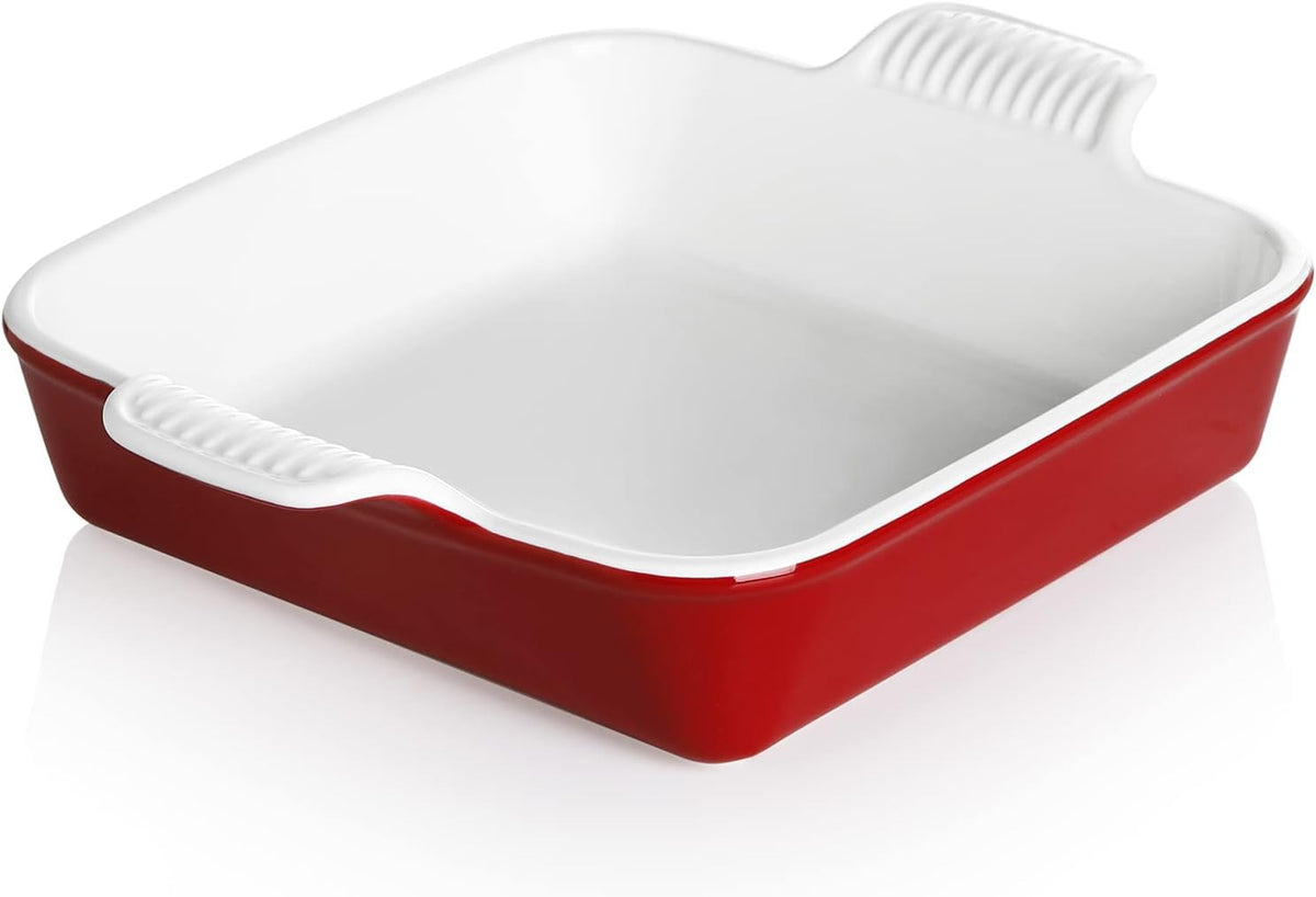 Sweejar Ceramic Baking Dish, 9 x 9 Cake Baking Pan for Brownie, Porcelain Square Bakeware with Double Handle for Casserole, Lasagna, Family Dinner (Red)