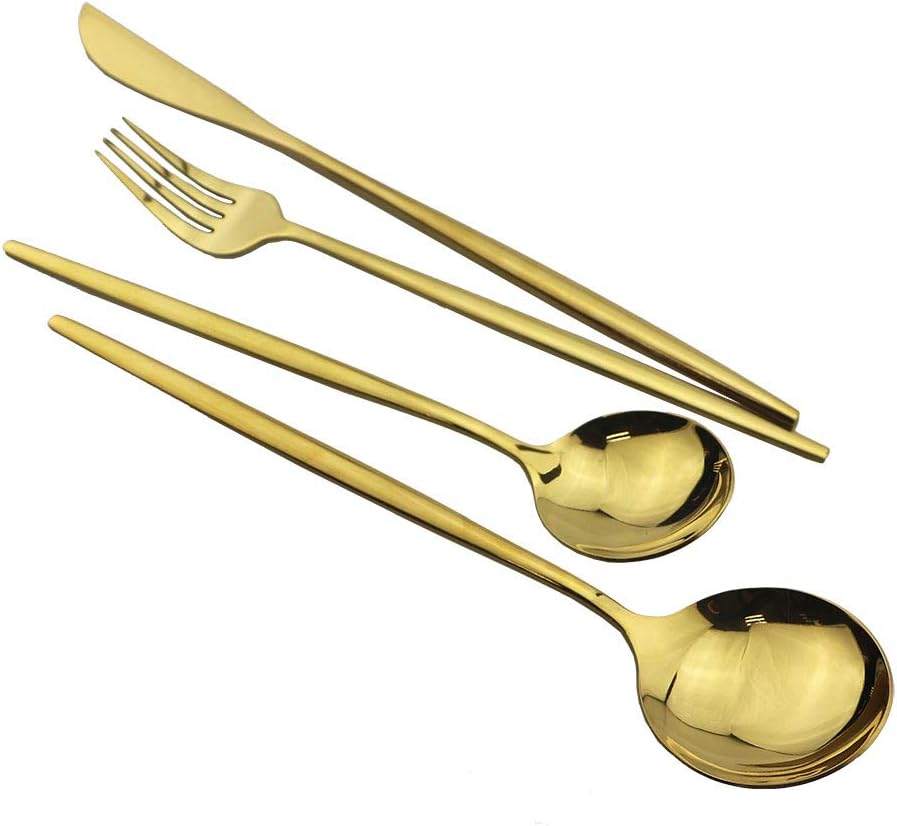Shiny Gold Silverware Set, JASHII 20-Piece Stainless Steel Satin Finish Flatware Set, Kitchen Utensil Set, Mirror Polished Tableware Cutlery Set for Home and Restaurant, Dishwasher Safe