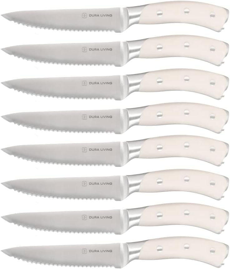 8-Piece Serrated Kitchen Steak Knife Set – Forged High Carbon Stainless Steel, Ultra Sharp, Ergonomic Black Handles, Durable Dinner Knives, Cream Handle