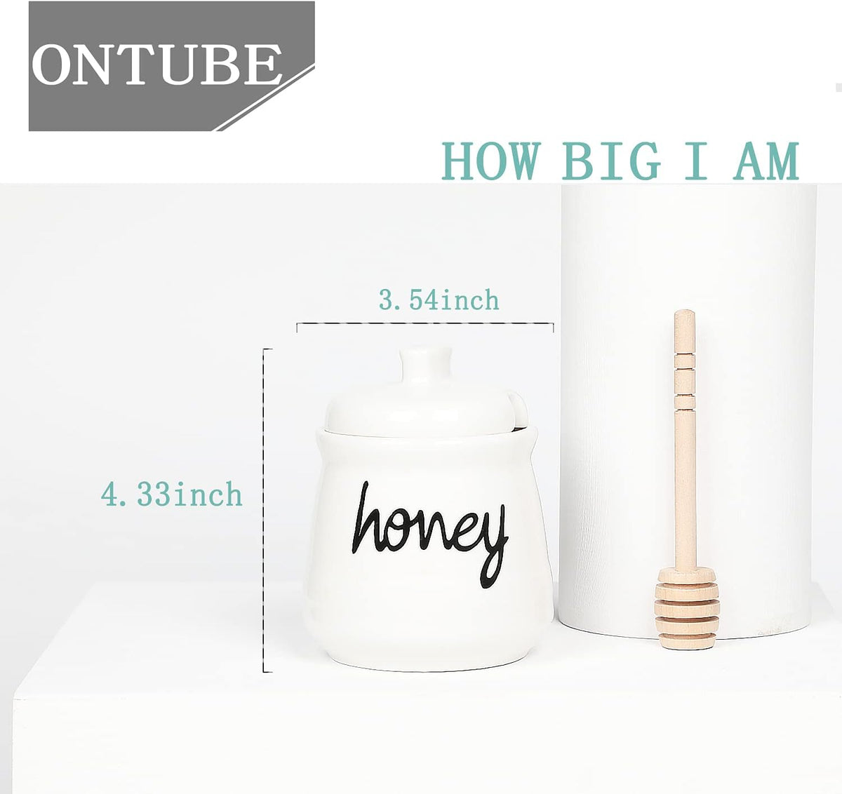 12 oz Honey Jar with Dipper and Lid, Ceramic Honey Pot, White