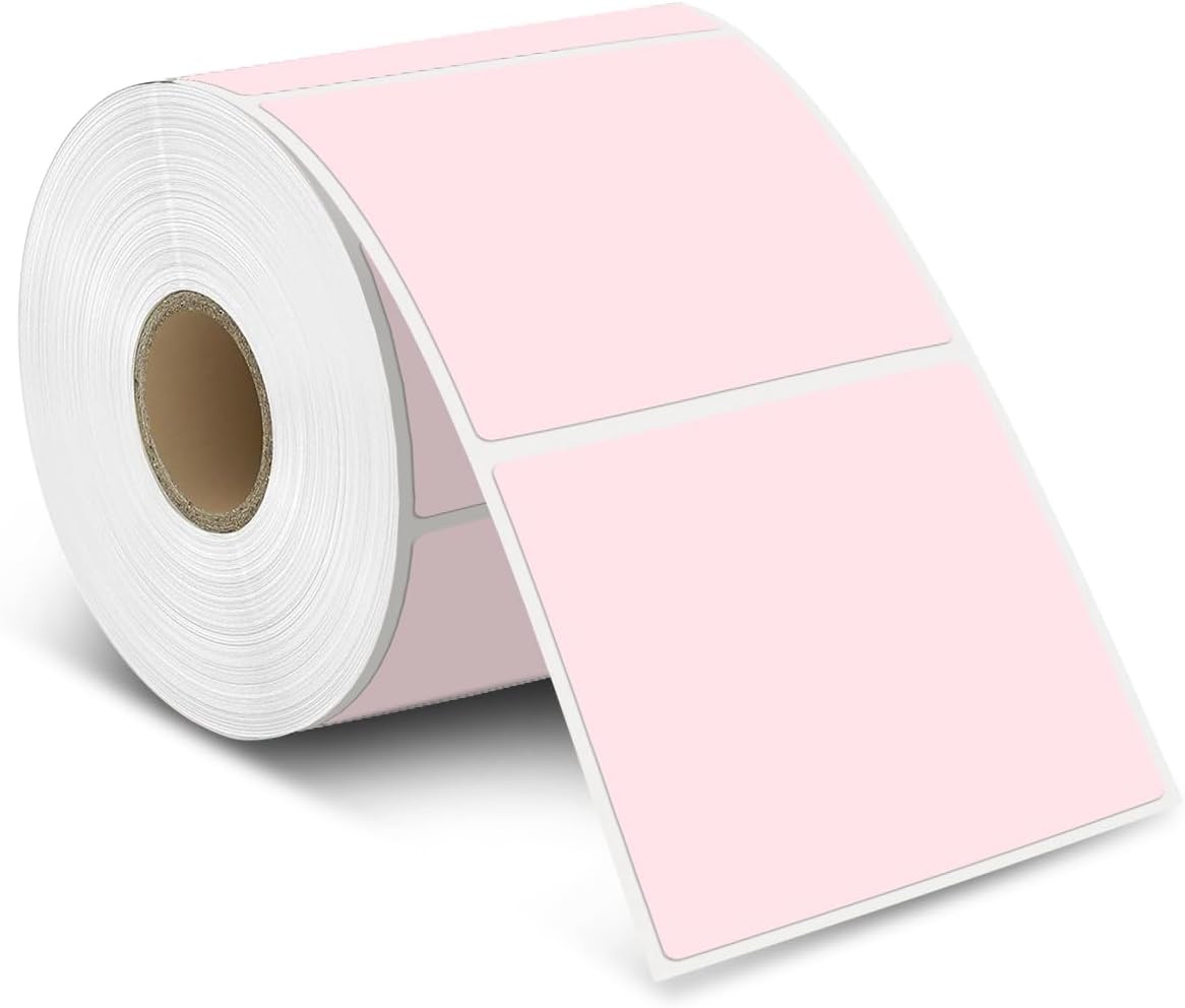 iEager Pink Square Thermal Label Stickers, 3" x 3" Self-Adhesive Square Direct Thermal Labels with Perforation Line, 500 Sheets/Roll