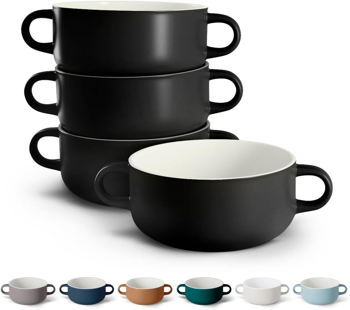 Kook Soup Crocks, Ceramic Bowls, Broil, Oven, Microwave and Dishwasher Safe, with Handles, For Casserole, Pasta, Cereal, 18 oz, Set of 4 (Black)