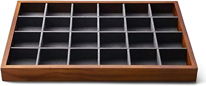 Oirlv 24 Grid Wood Jewelry Tray Microfiber Interior Jewelry Drawer Organizer Showcase Display Box Ring Earrings Holder(Grey)