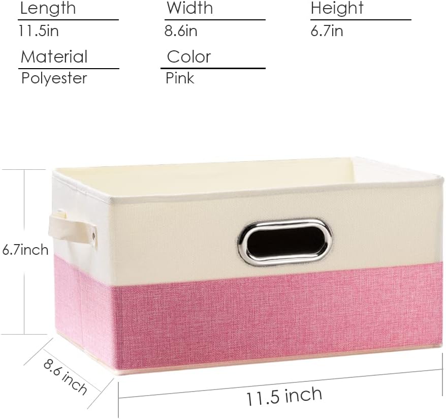 PRANDOM Fodable Storage Bins for Closet [3-Pack] Decorative Fabric Storage Baskets Cubes with Leather/Metal Handles for Shelves Bedroom Living Room Pink&Cream (11.5x8.5x6.7 Inch)