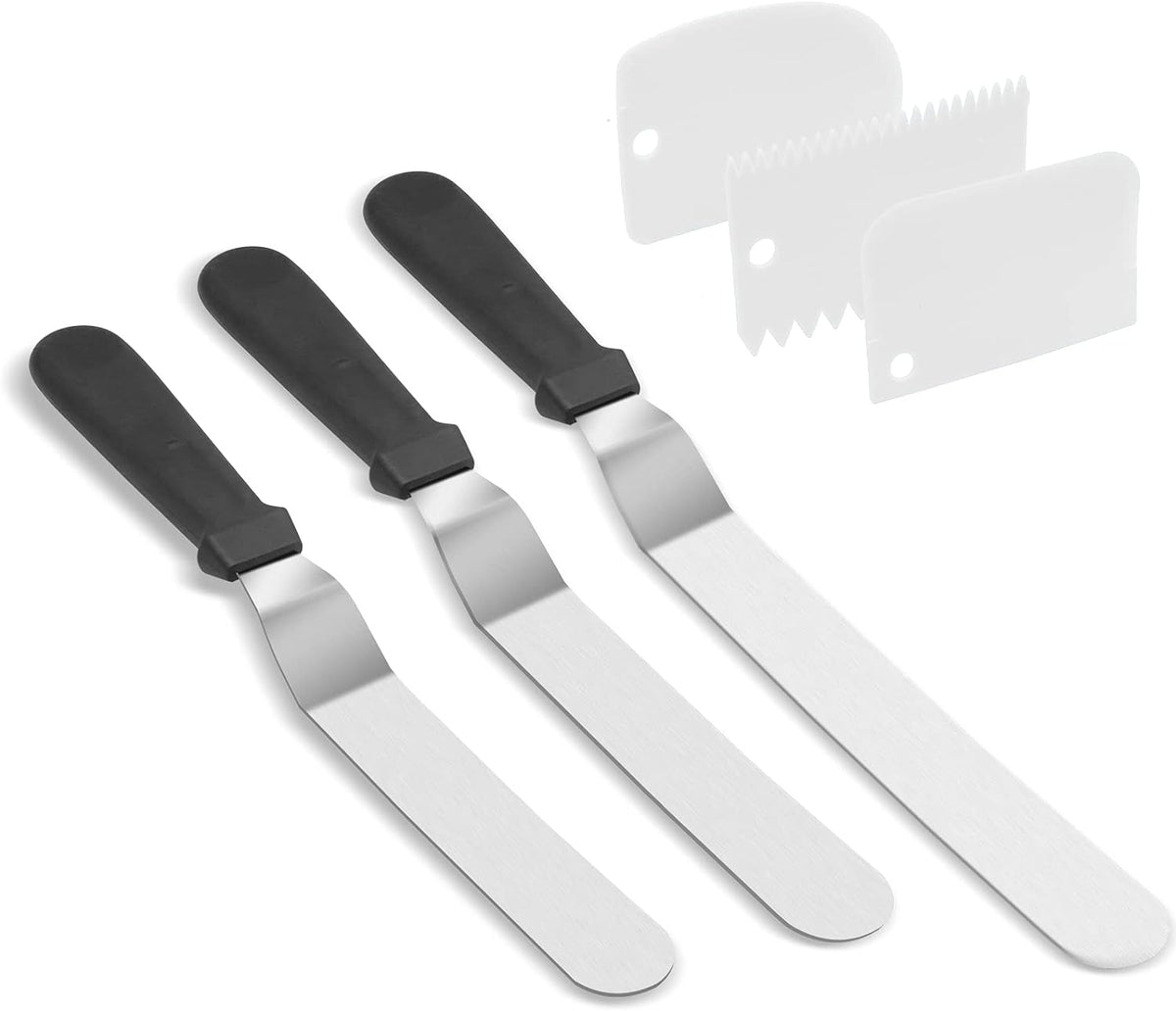 Stainless Steel Icing Spatulas Angled Cake Spatulas with 3 Cake Smoother Scrapers- Professional Frosting Offset Spatula Set with 6, 8, 10 inch Blades for Cake Decorating