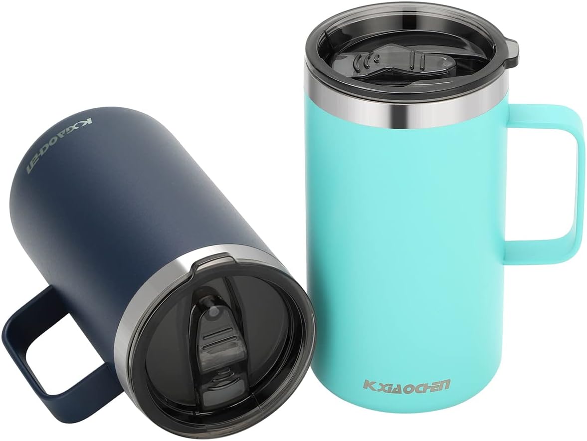 KXIAOCHEN 20oz Insulated Coffee Mug with Lid, Stainless Steel Coffee Cup, Double Wall Vacuum Coffee Tumbler with Handle, Premium Thermal Travel Coffee Mug (Blue green Navy 2Pack)