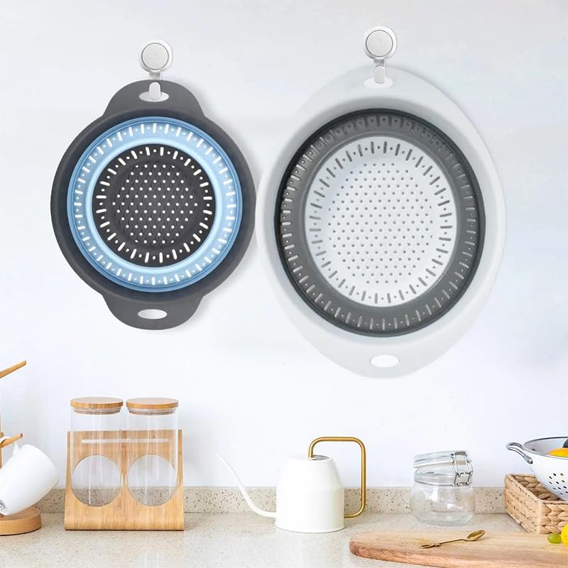 Collapsible Colander Set, Square Round Triangles Silicone Kitchen Strainer Perfect for Draining Pasta Vegetable fruit 2 PCS (Gray&Blue, 12"L x 9.5"W x 2.3"H)