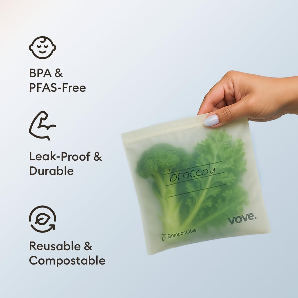 Vove Compostable Quart Bags, Large 30 Count – Freezer Safe, Leak Resistant, Non Toxic Food Storage for Leftovers & Meal Prep, Plastic-Free Eco Bags