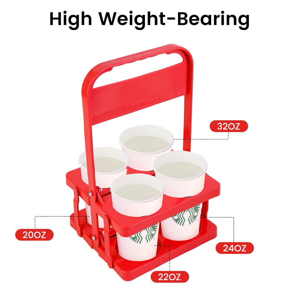 Bodaon 4 Cup Drink Carrier with Handle, Plastic Cup Carriers for Drinks, Drink Holder for Car, GrubHub/Eats Doordash Accessories, Portable Foldable Reusable Mobile, Use for Food Delivery Bag, Red